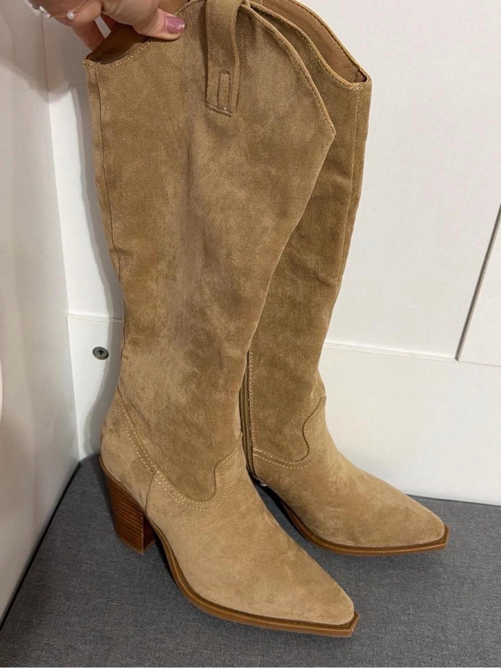 Suede Knee-High Western Boots in Tan